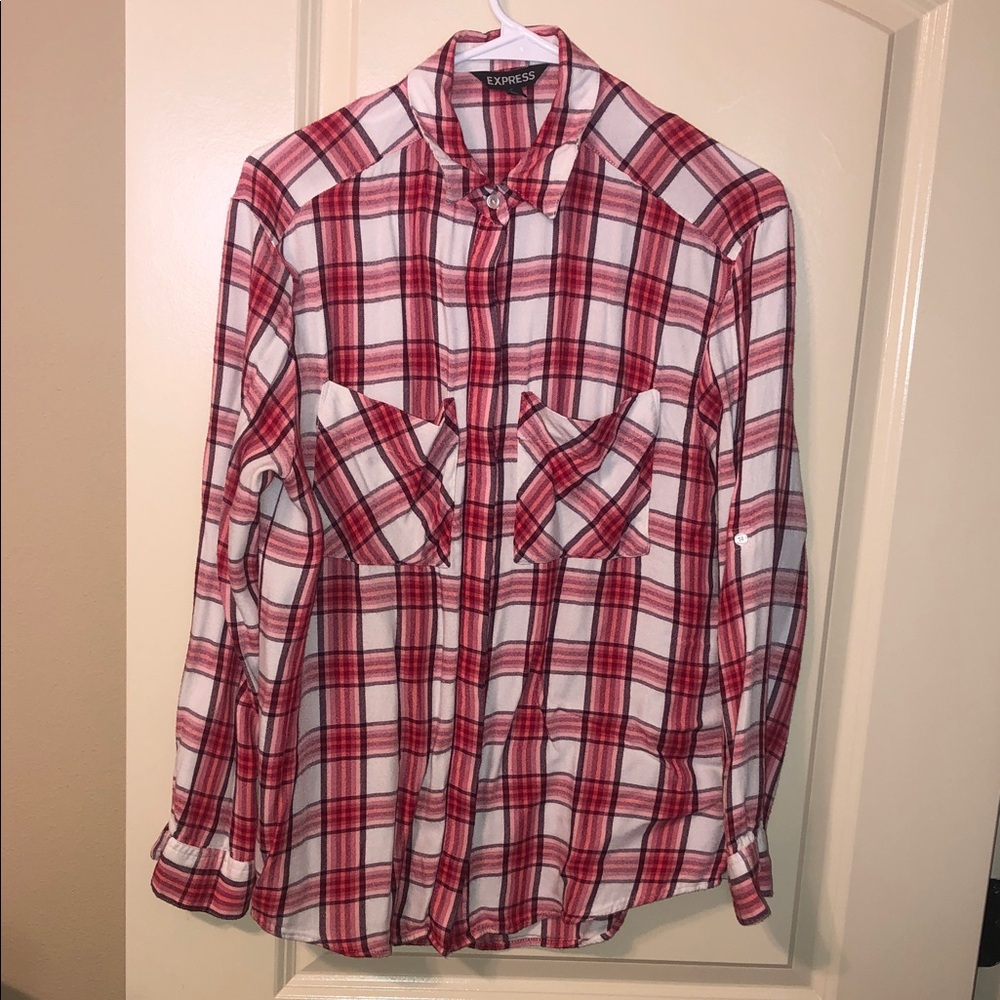 Express women’s Red Plaid Button-Down Shirt
